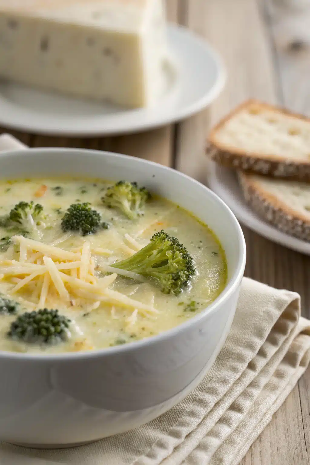 Broccoli Cheddar Soup slice on plate showing perfect texture and swirl pattern