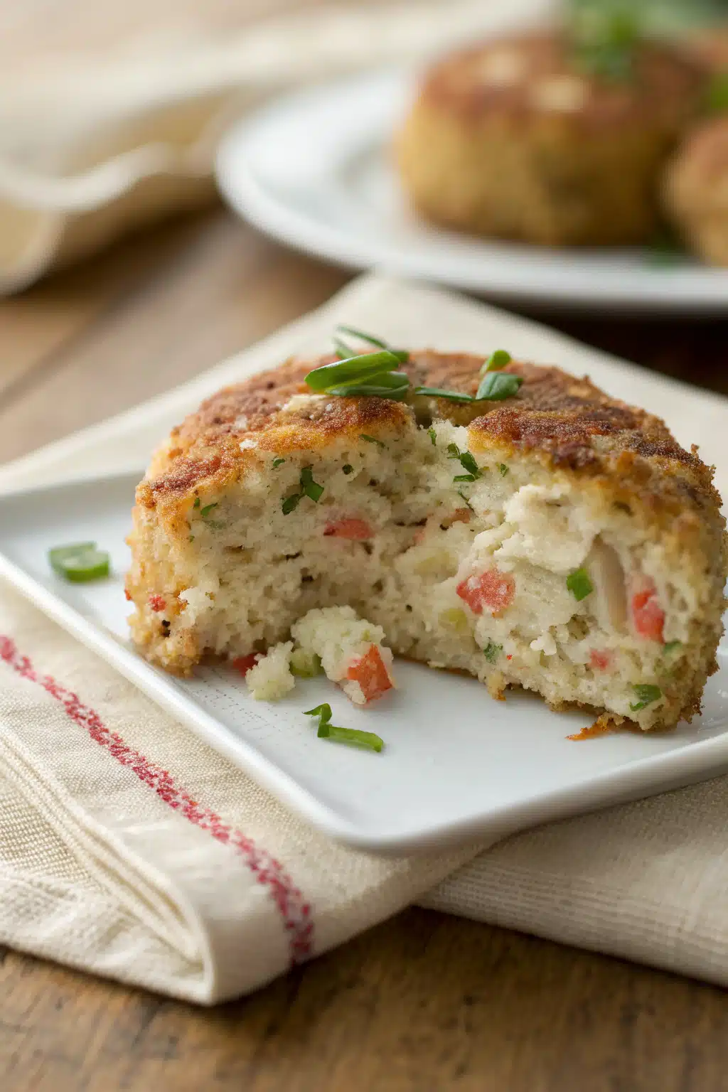Easy Crab Cakes slice on plate showing perfect texture and swirl pattern