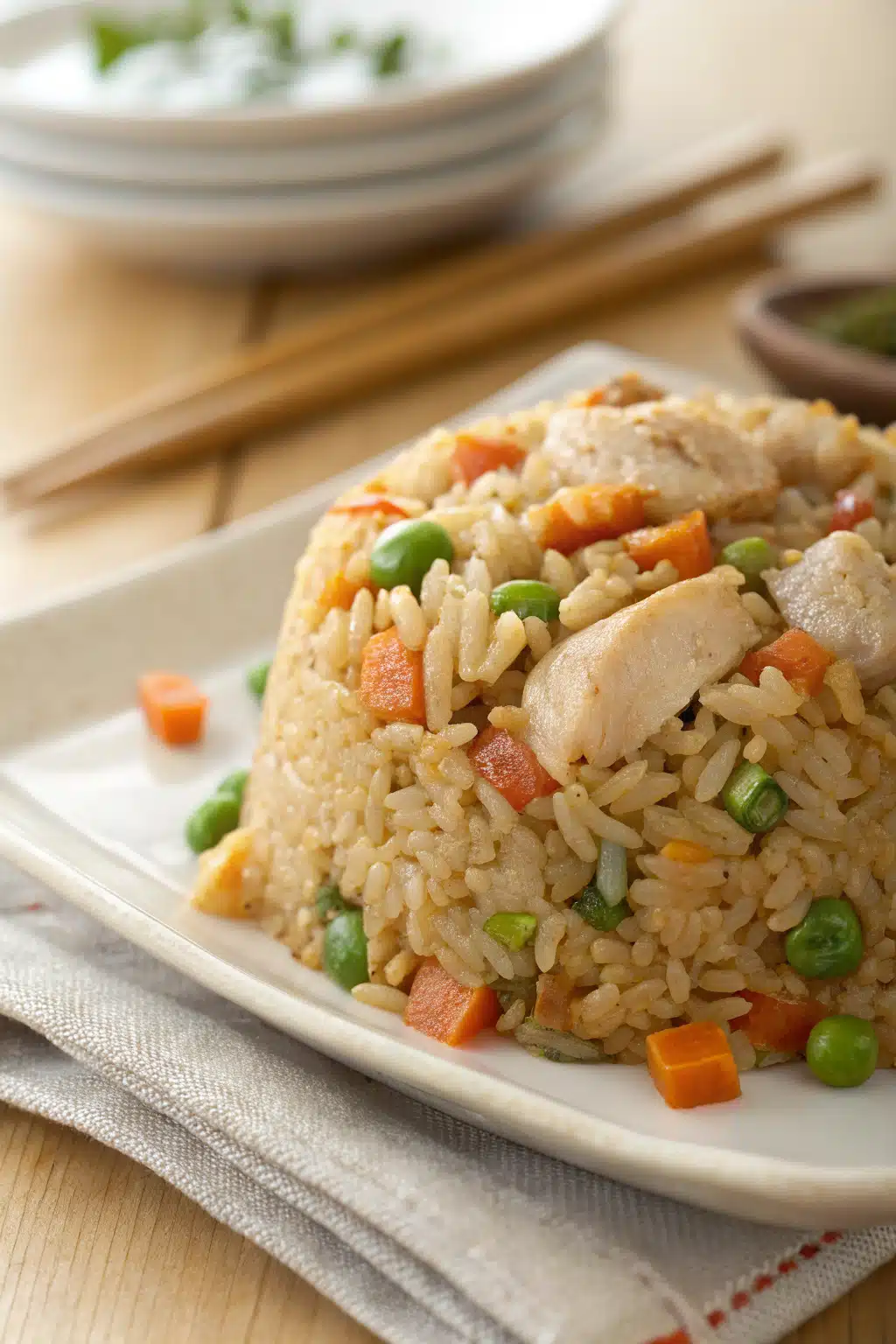 Easy Fried Rice How To Make It Delicious slice on plate showing perfect texture and swirl pattern