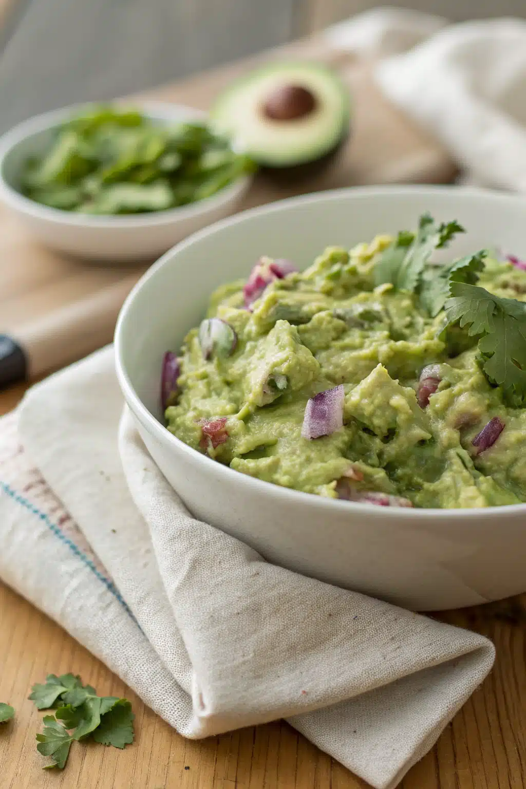 Easy Guacamole Recipe slice on plate showing perfect texture and swirl pattern