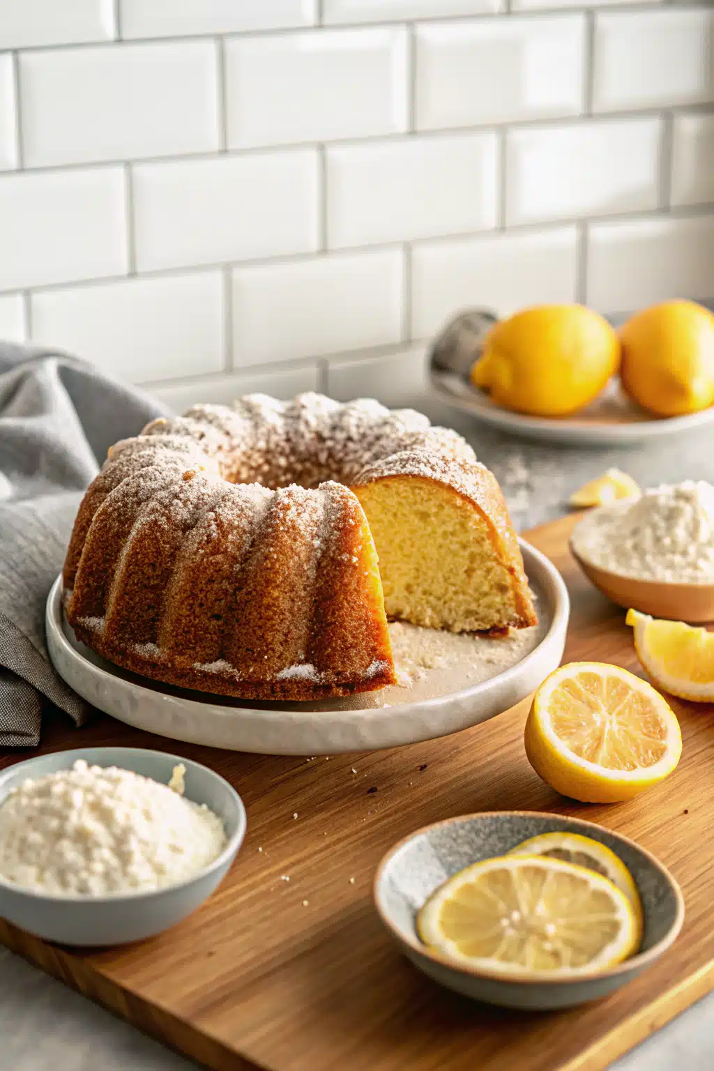 Lemon Bundt Cake Recipe beautifully presented from an overhead angle