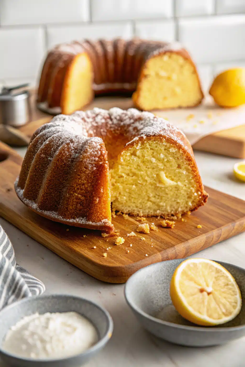 Lemon Bundt Cake Recipe ingredients organized and measured on kitchen counter