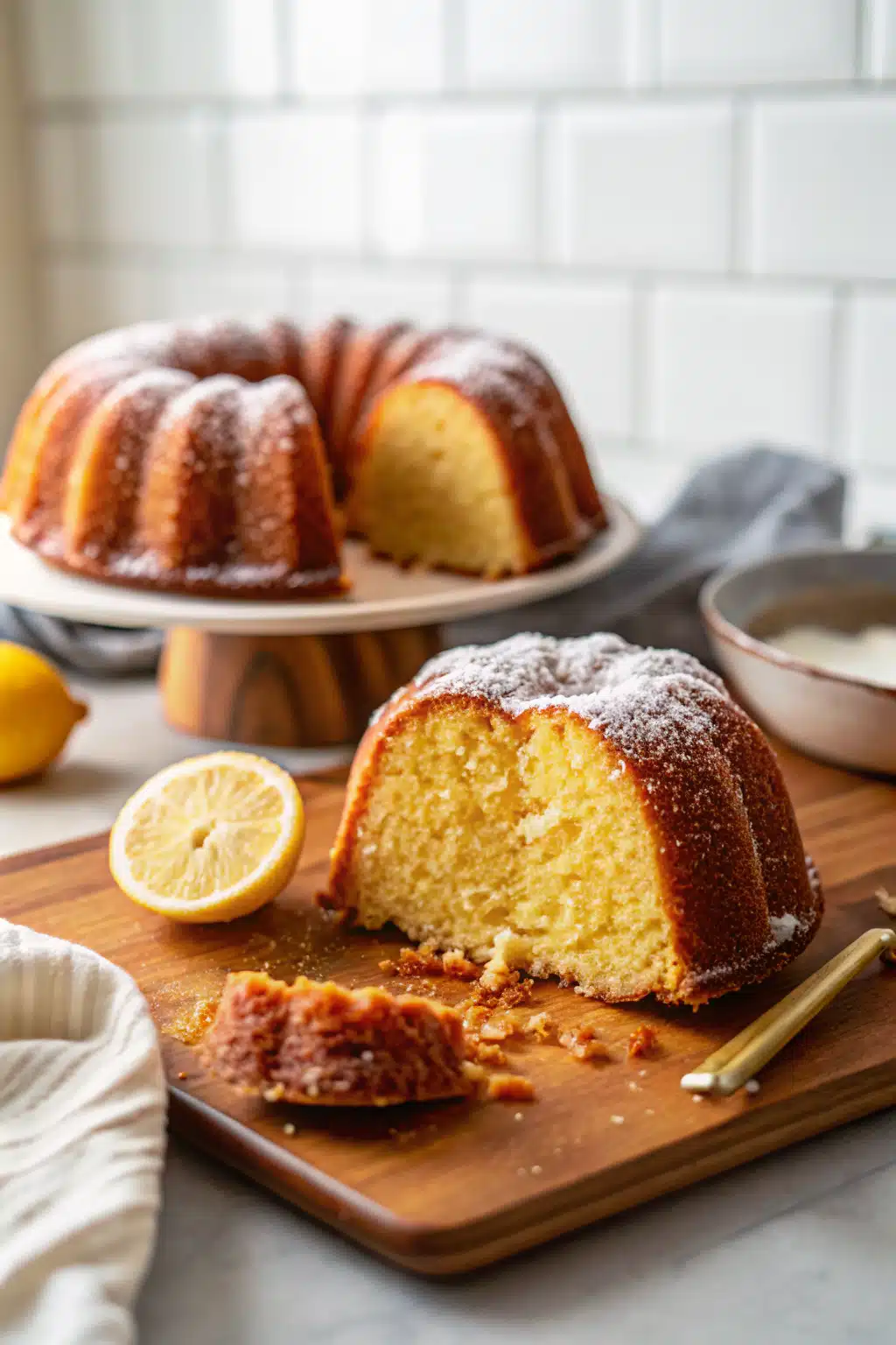 Lemon Bundt Cake Recipe slice on plate showing perfect texture and swirl pattern