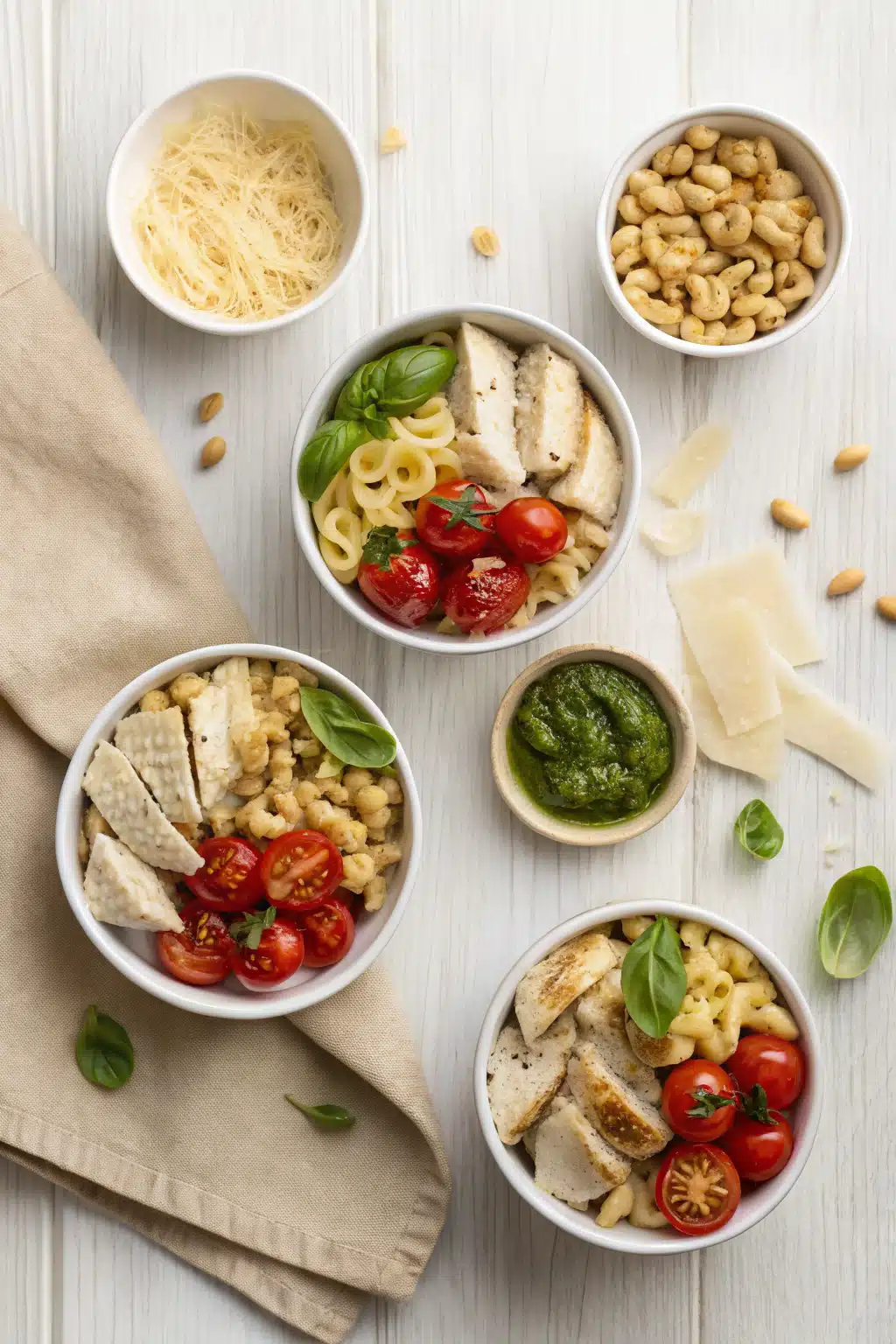 Pesto Pasta Chicken Salad beautifully presented from an overhead angle