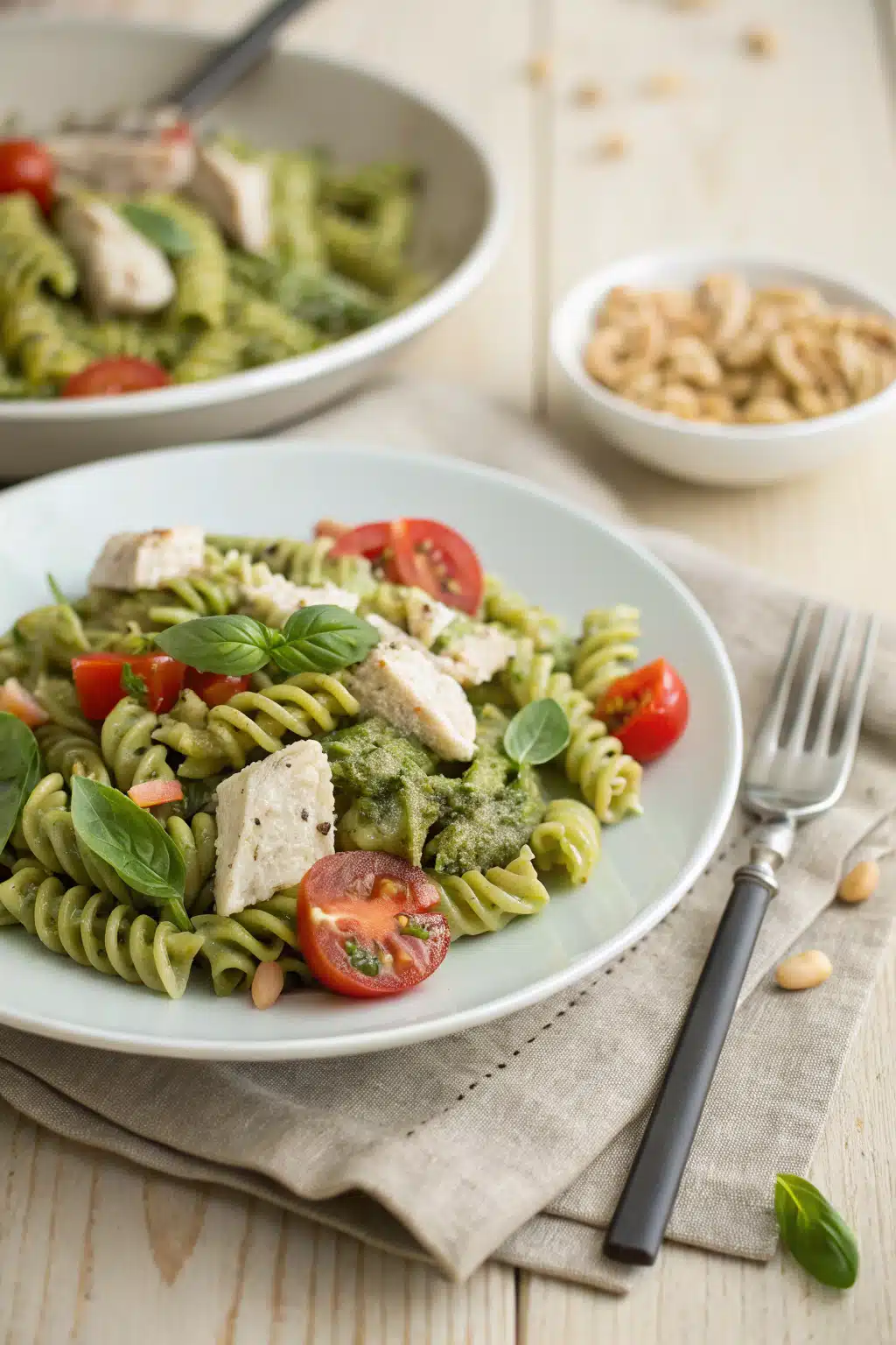 Pesto Pasta Chicken Salad ingredients organized and measured on kitchen counter