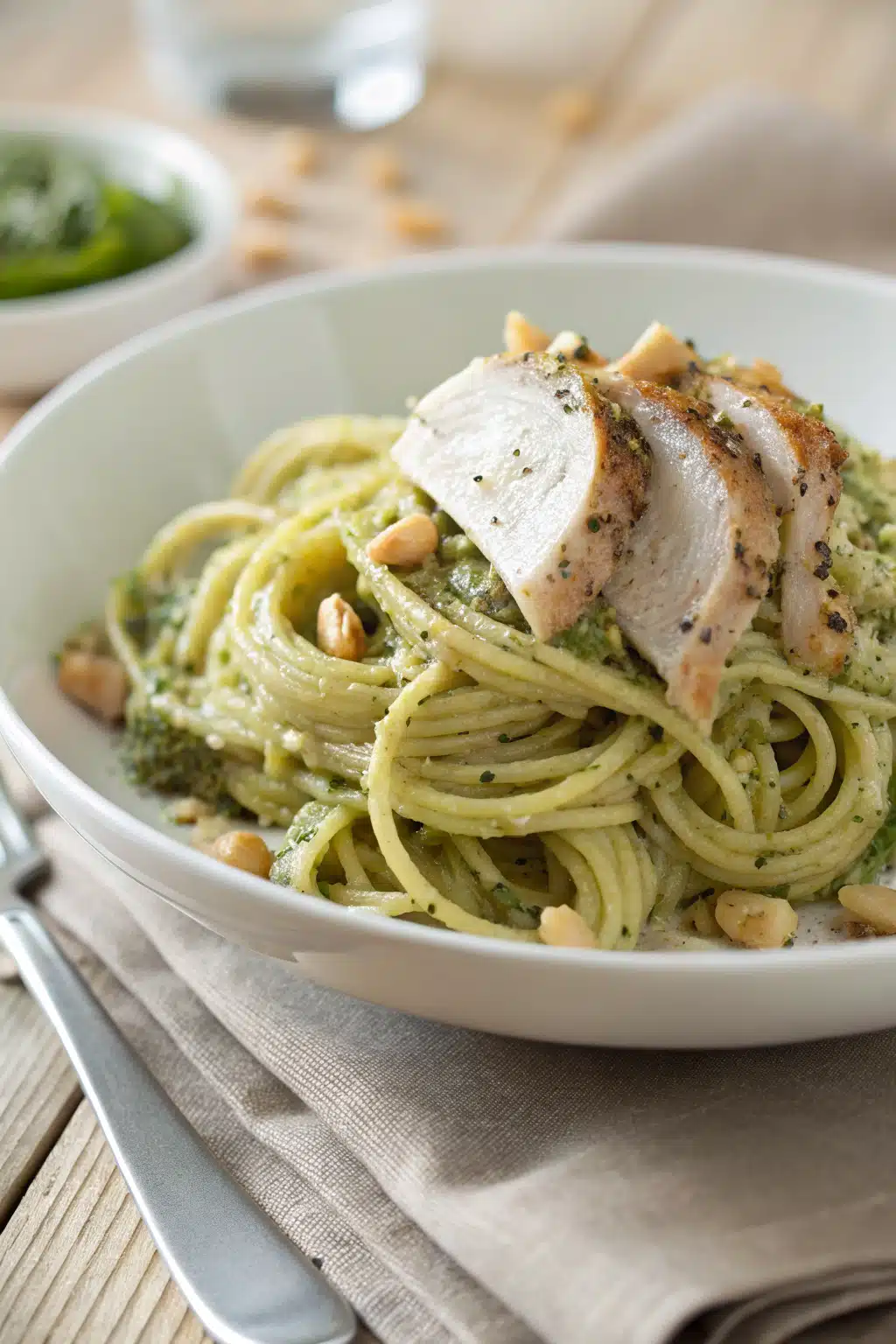 Pesto Pasta Chicken Salad slice on plate showing perfect texture and swirl pattern