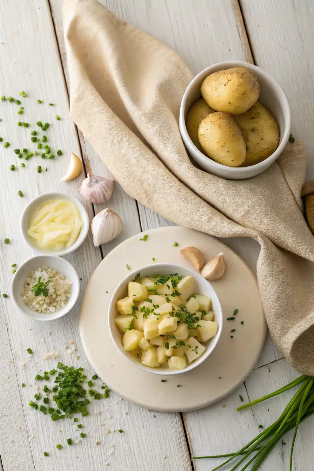 Slow Cooker Garlic Mashed Potatoes beautifully presented from an overhead angle