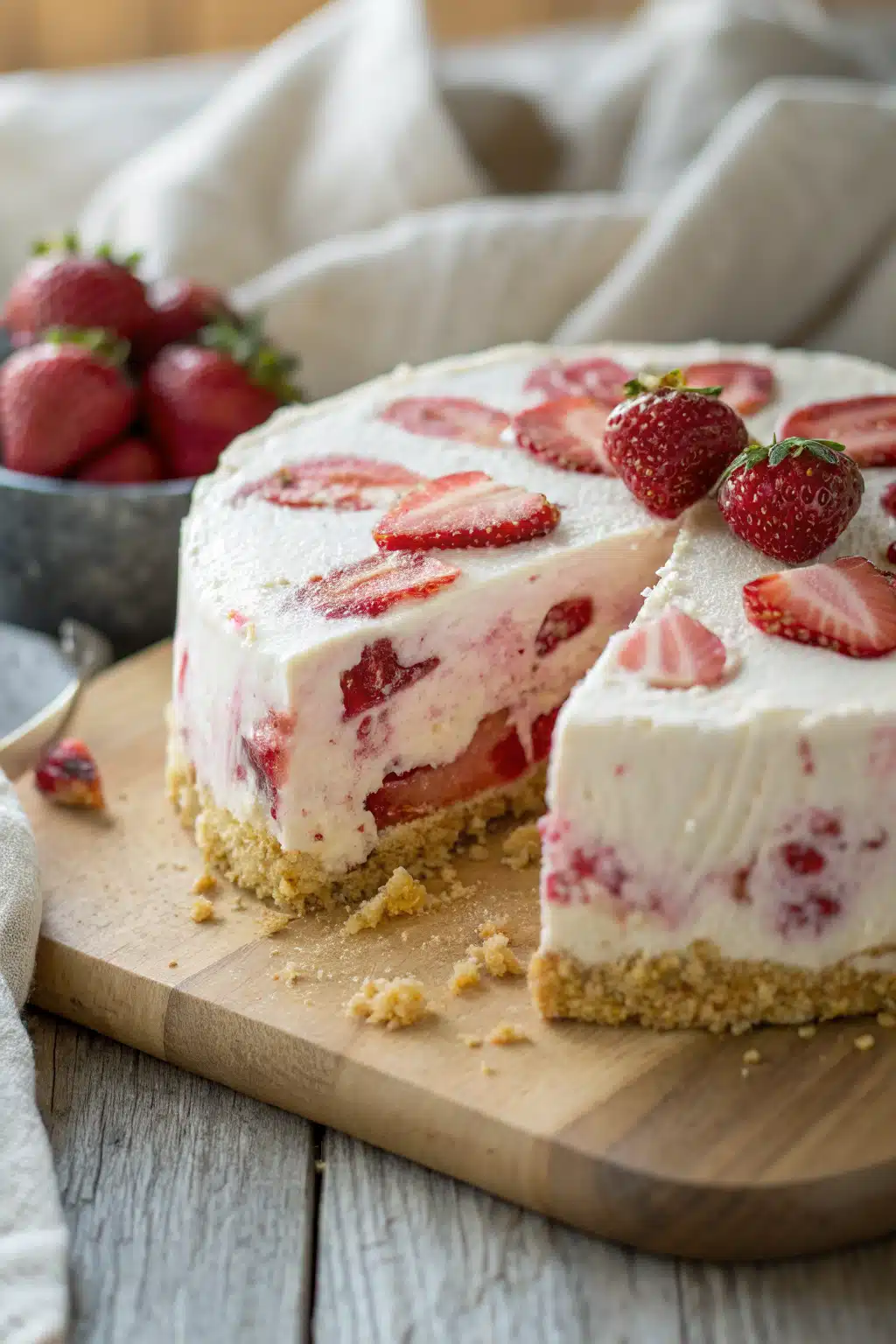 Easy Strawberry Cream Ice Cream Cake slice on plate showing perfect texture and swirl pattern