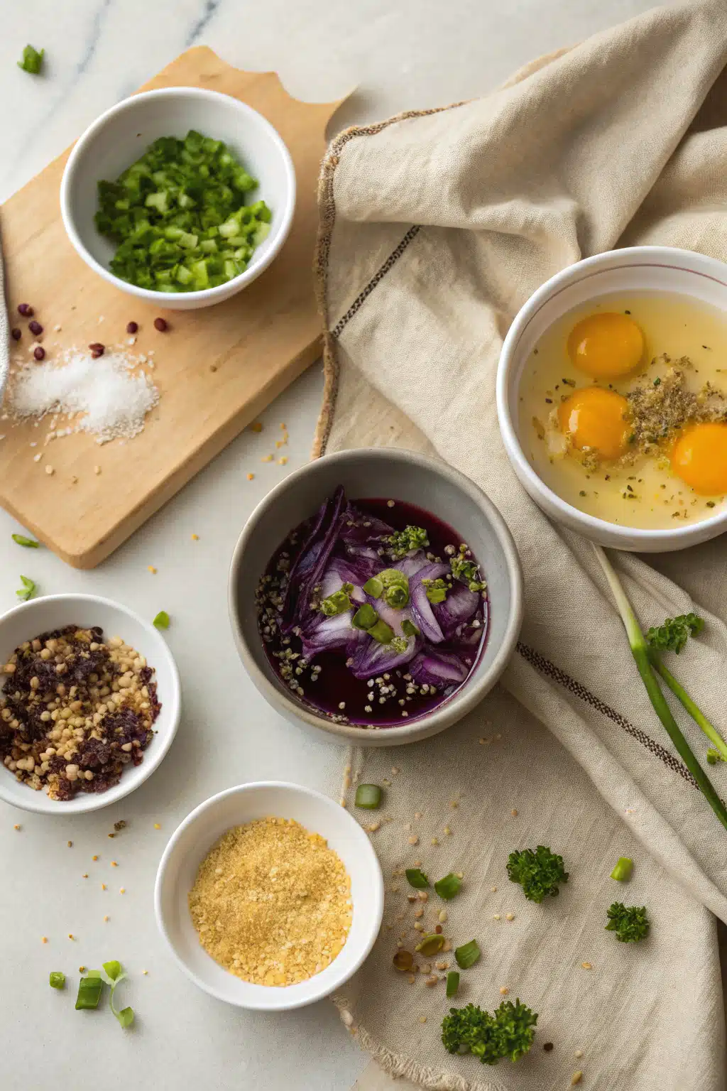 Slimming Violet Egg Drop Soup beautifully presented from an overhead angle