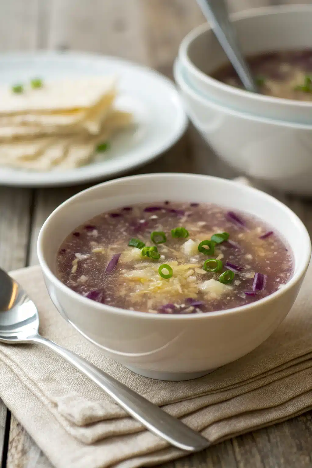Slimming Violet Egg Drop Soup ingredients organized and measured on kitchen counter
