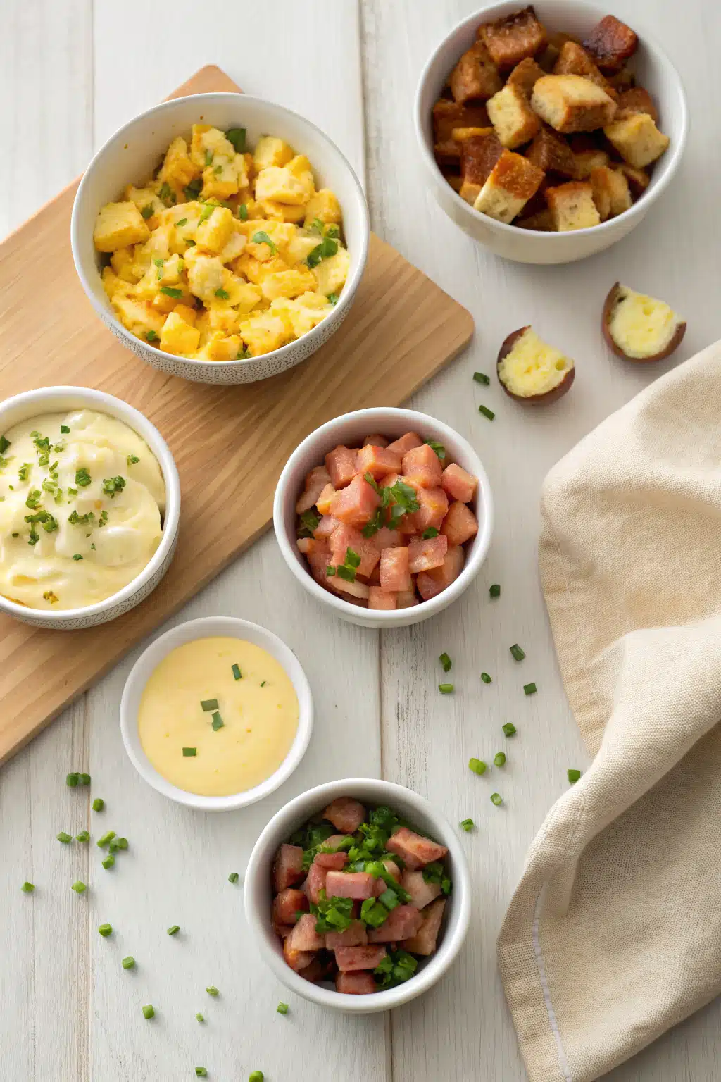 Eggs Benedict Casserole beautifully presented from an overhead angle