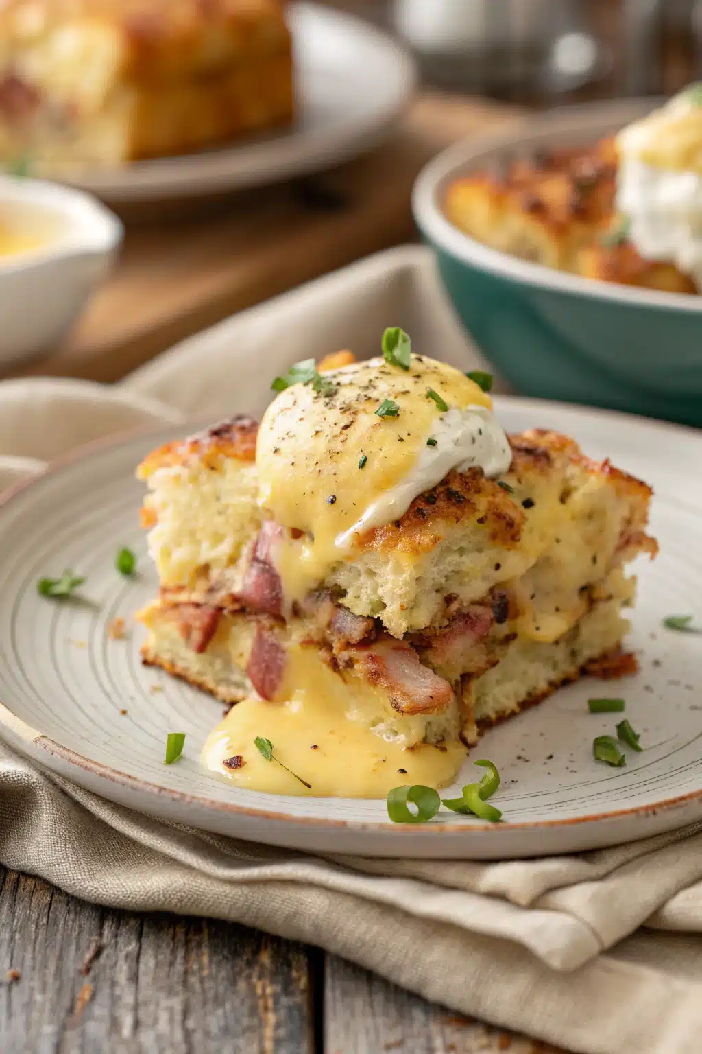 Eggs Benedict Casserole slice on plate showing perfect texture and swirl pattern