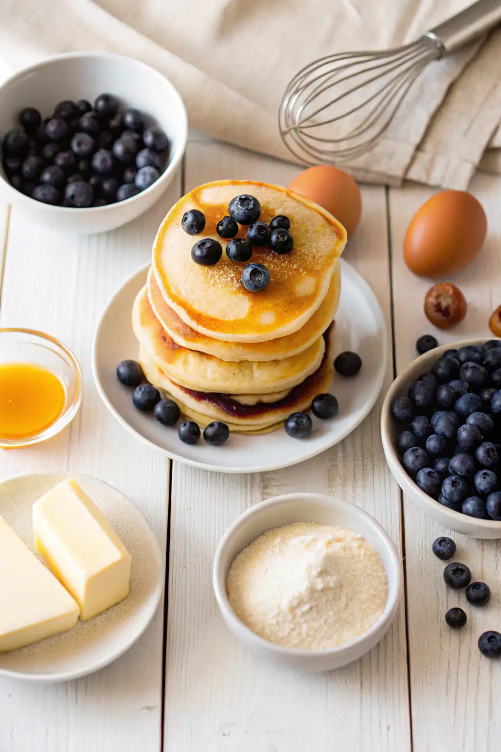 Fluffy Blueberry Pancakes beautifully presented from an overhead angle