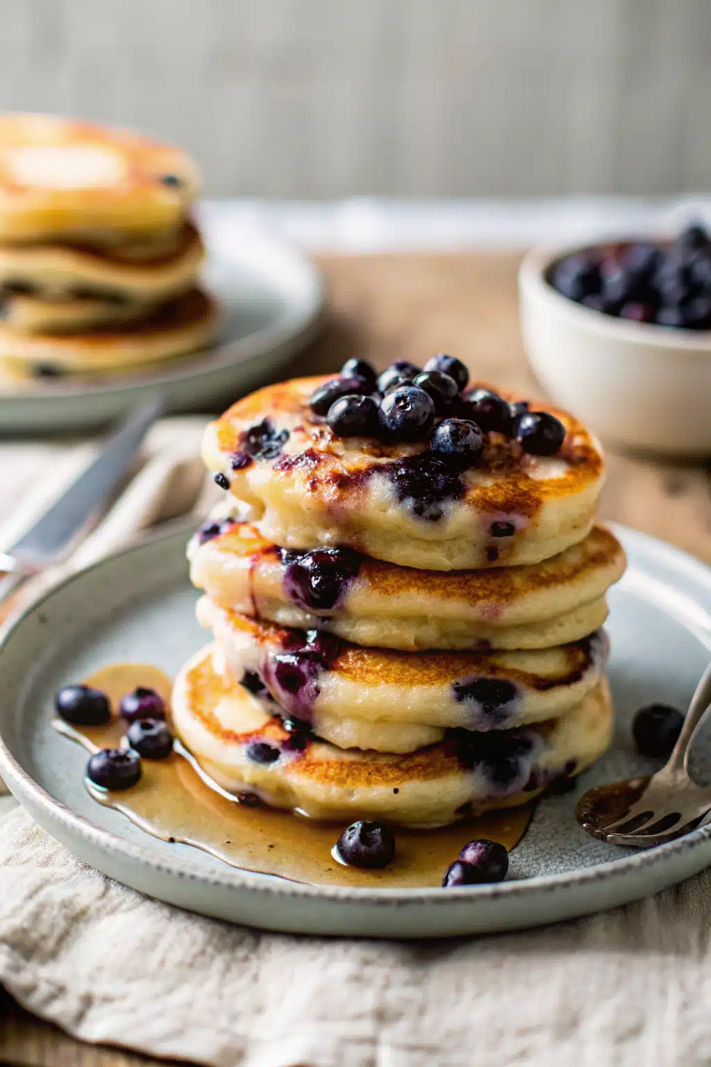 Fluffy Blueberry Pancakes ingredients organized and measured on kitchen counter