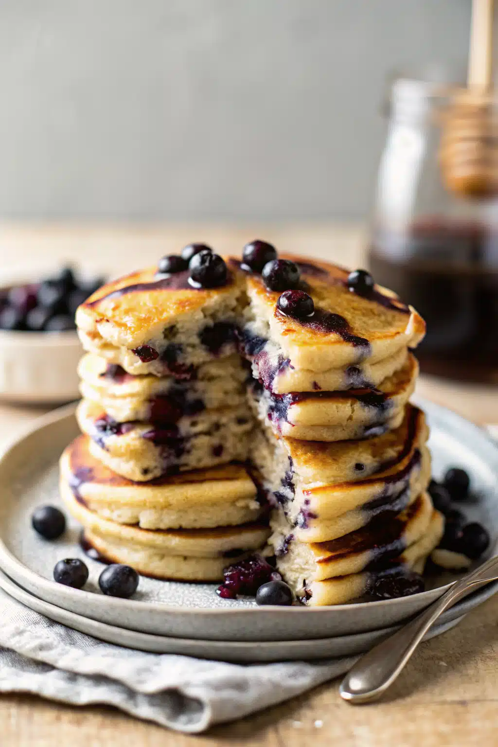 Fluffy Blueberry Pancakes slice on plate showing perfect texture and swirl pattern