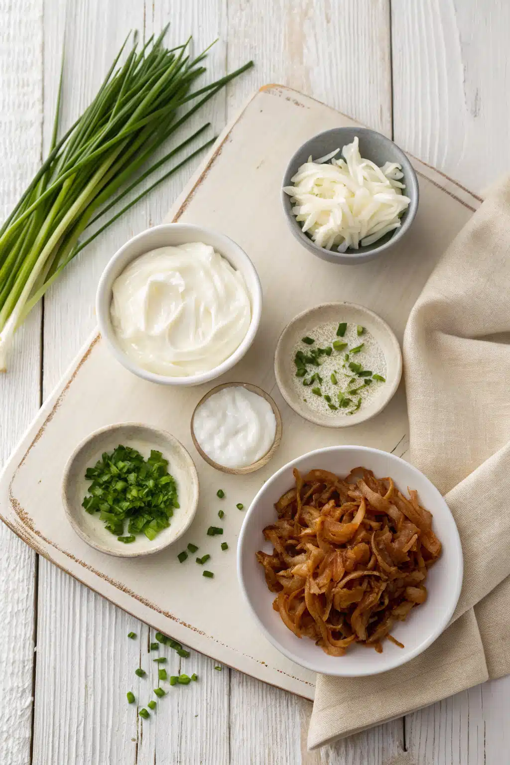 French Onion Dip beautifully presented from an overhead angle