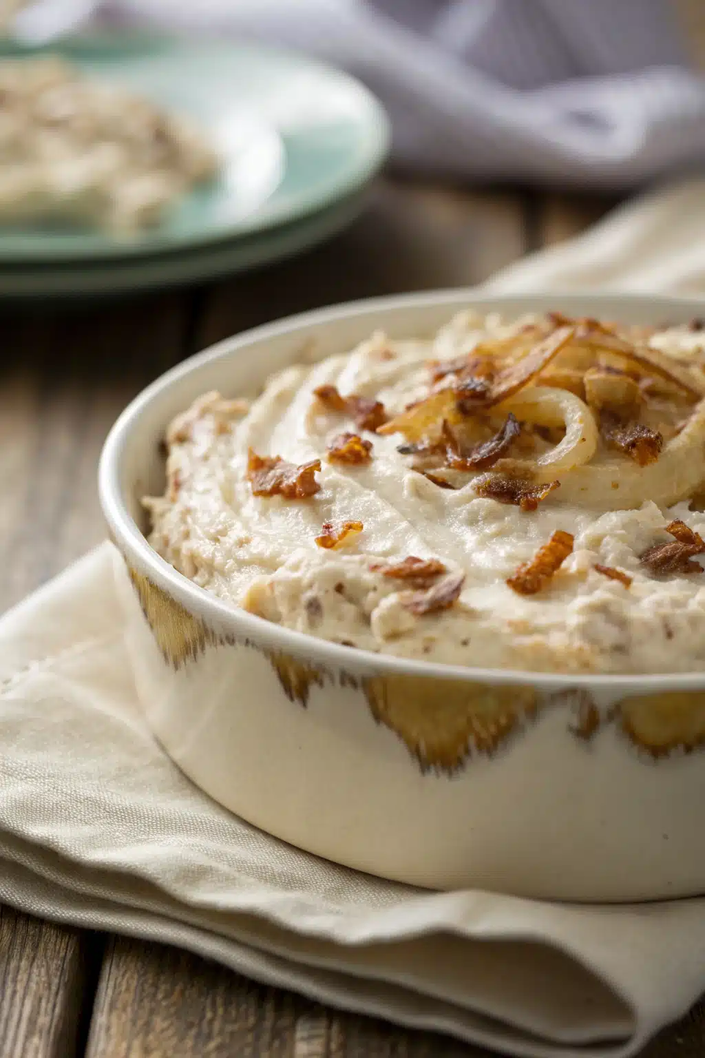 French Onion Dip slice on plate showing perfect texture and swirl pattern