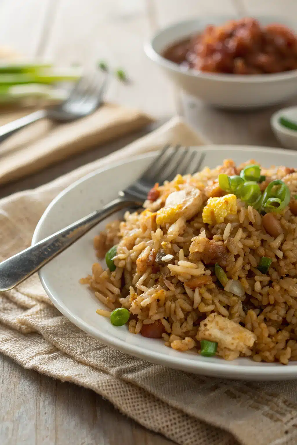 Fried Rice Recipe ingredients organized and measured on kitchen counter