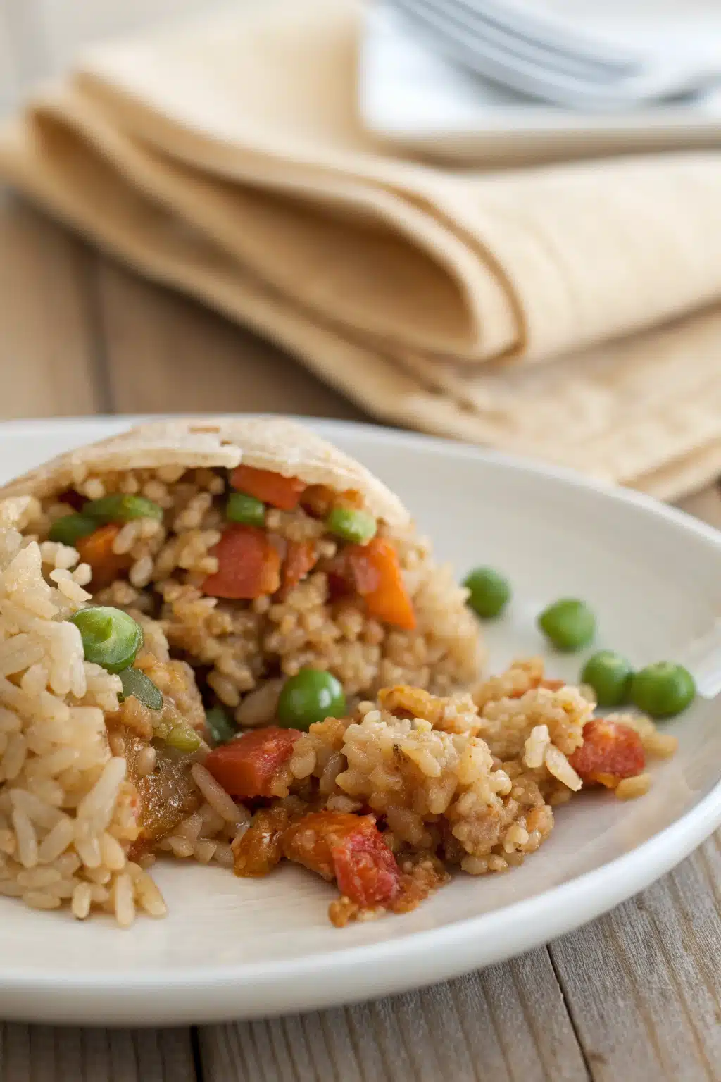 Fried Rice Recipe slice on plate showing perfect texture and swirl pattern