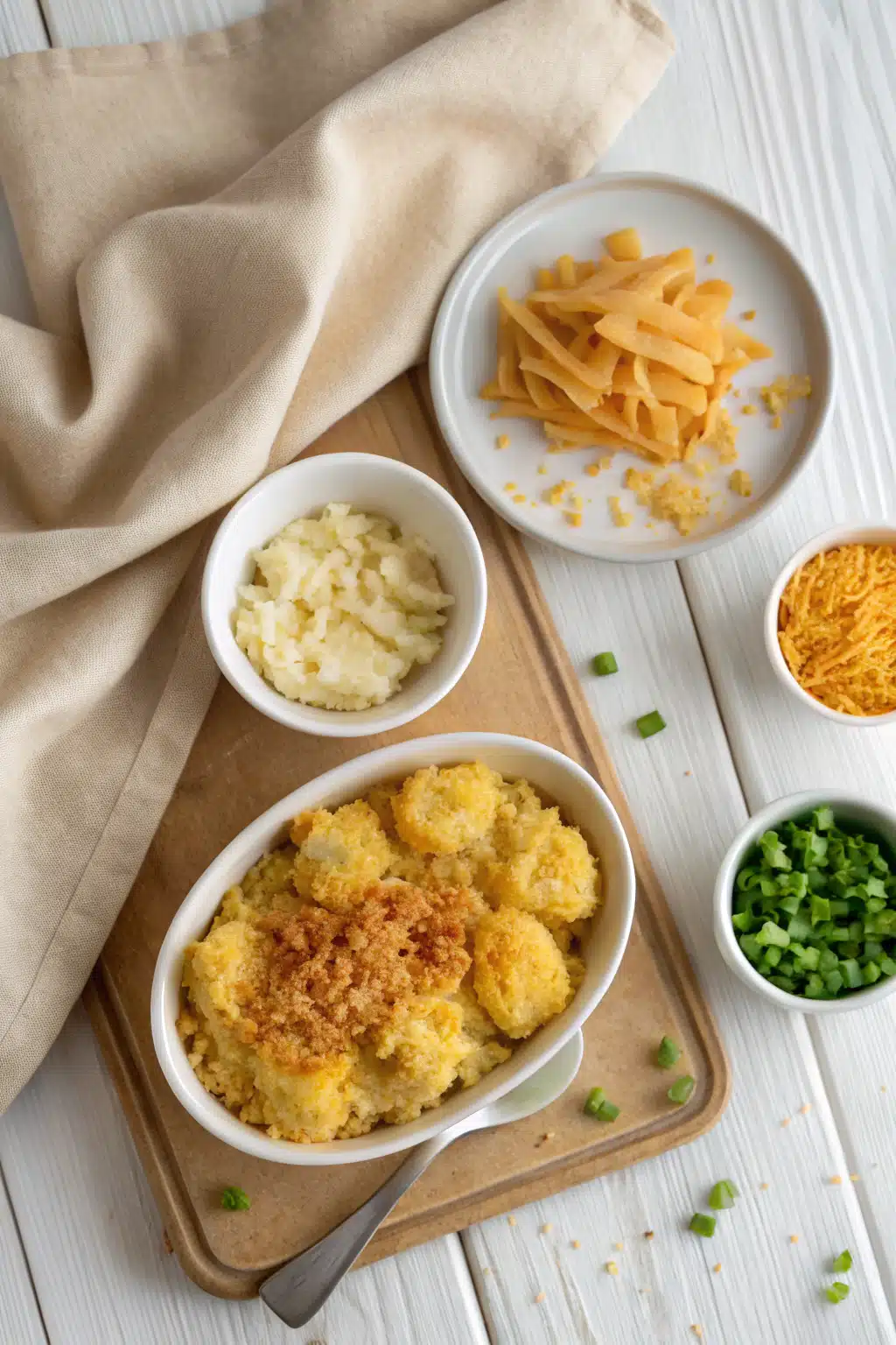 Funeral Potatoes beautifully presented from an overhead angle