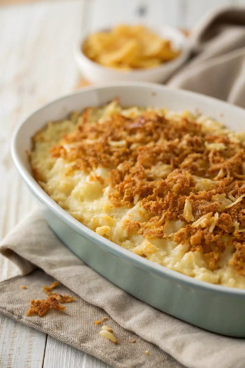 Funeral Potatoes slice on plate showing perfect texture and swirl pattern