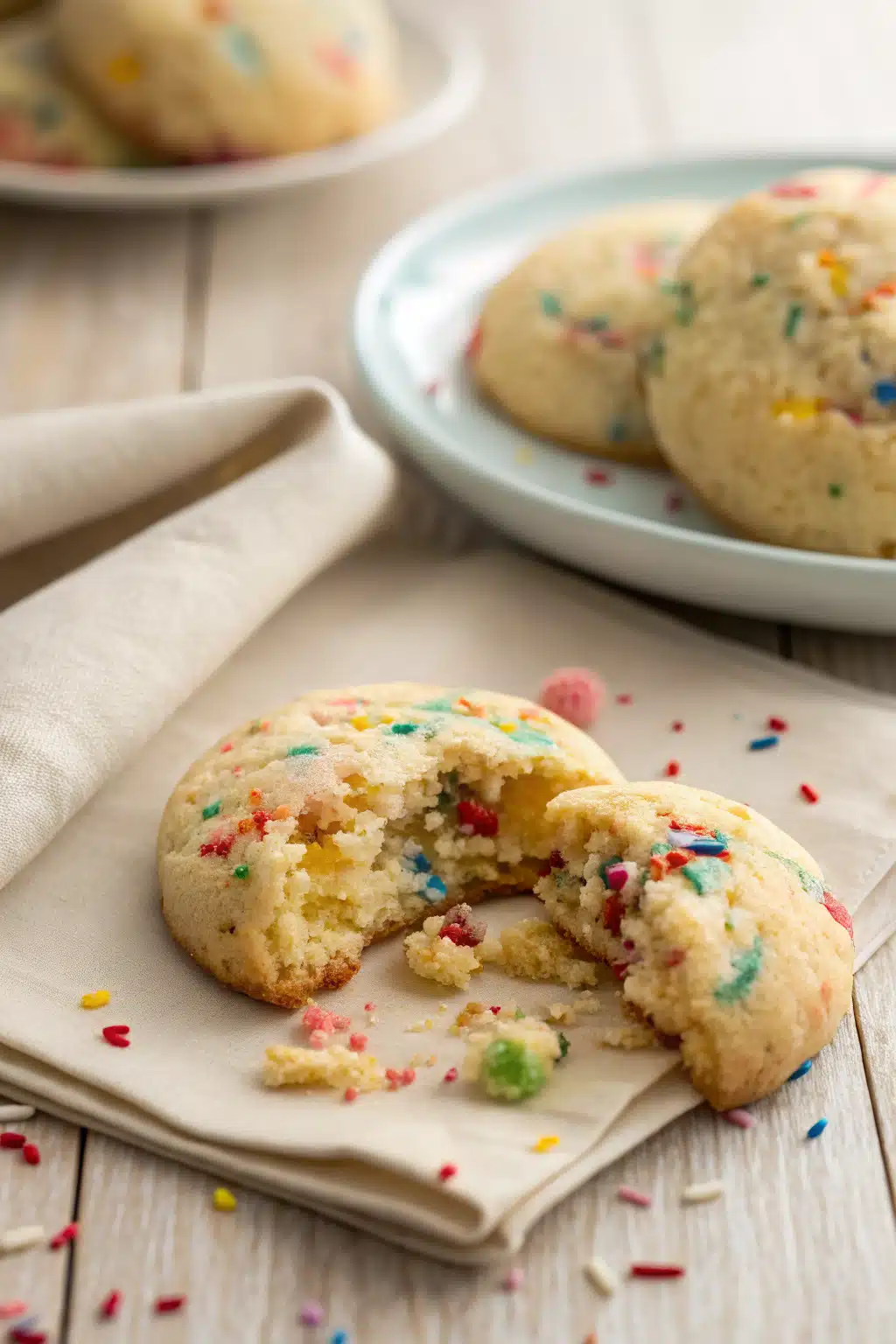 Funfetti Cake Mix Cookies slice on plate showing perfect texture and swirl pattern