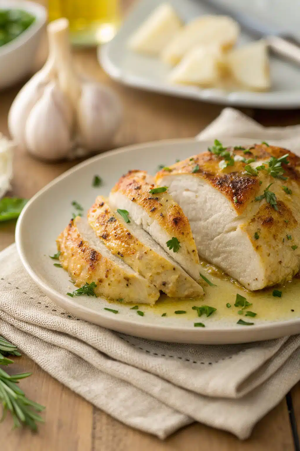 Garlic Butter Chicken slice on plate showing perfect texture and swirl pattern