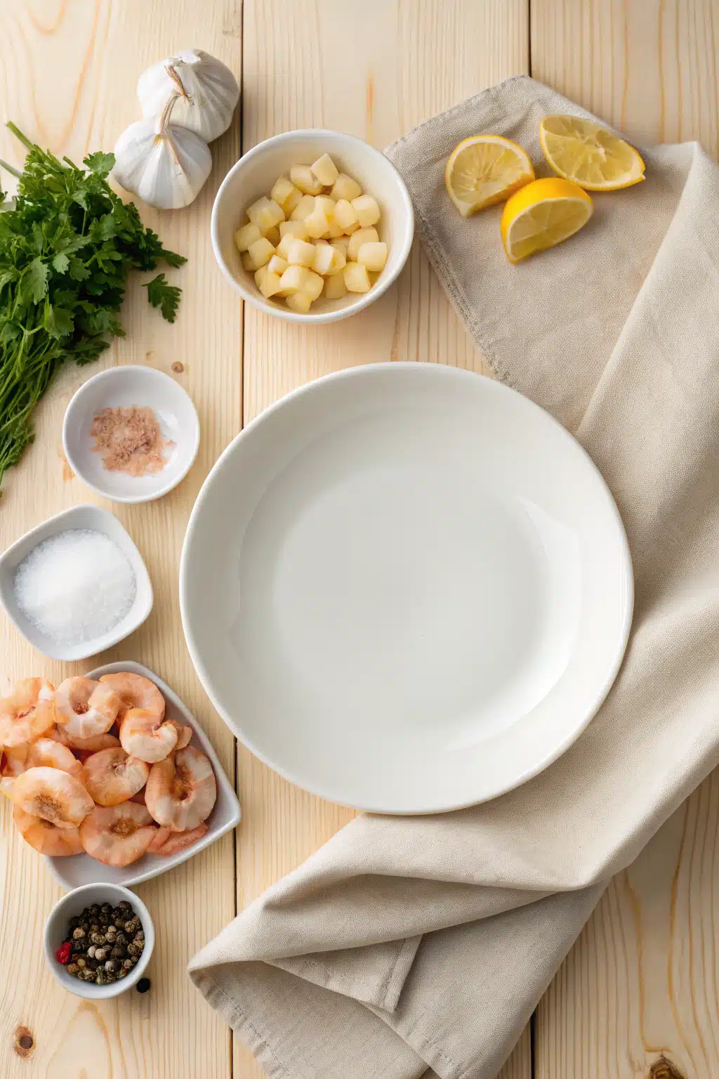Garlic Butter Shrimp beautifully presented from an overhead angle