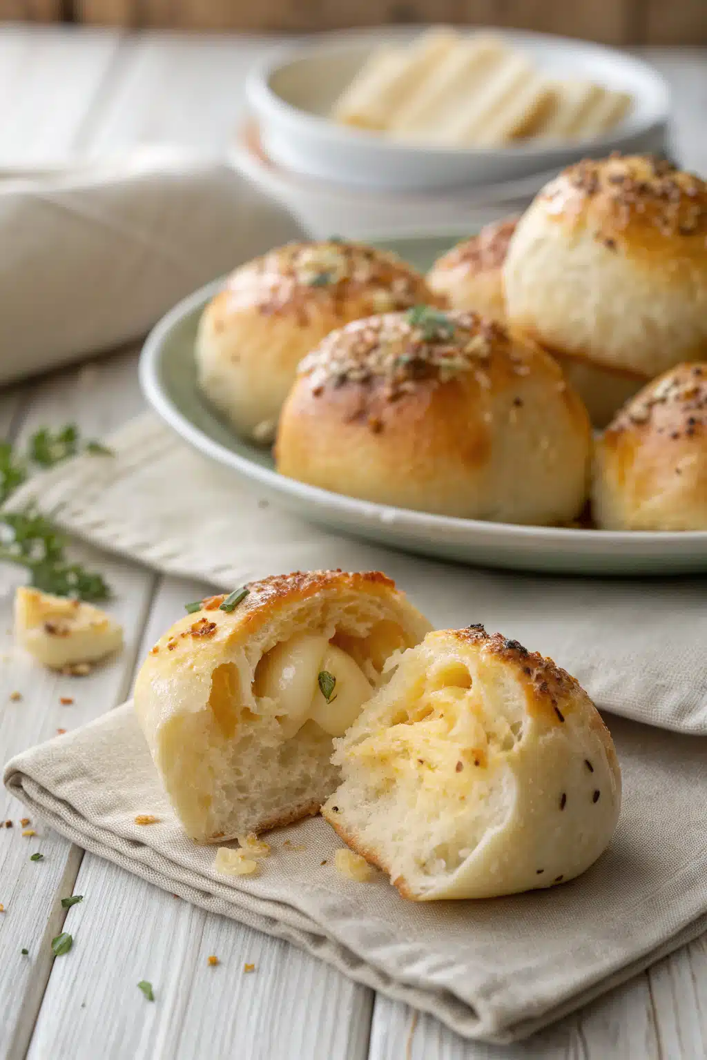 Garlic Cheese Rolls slice on plate showing perfect texture and swirl pattern