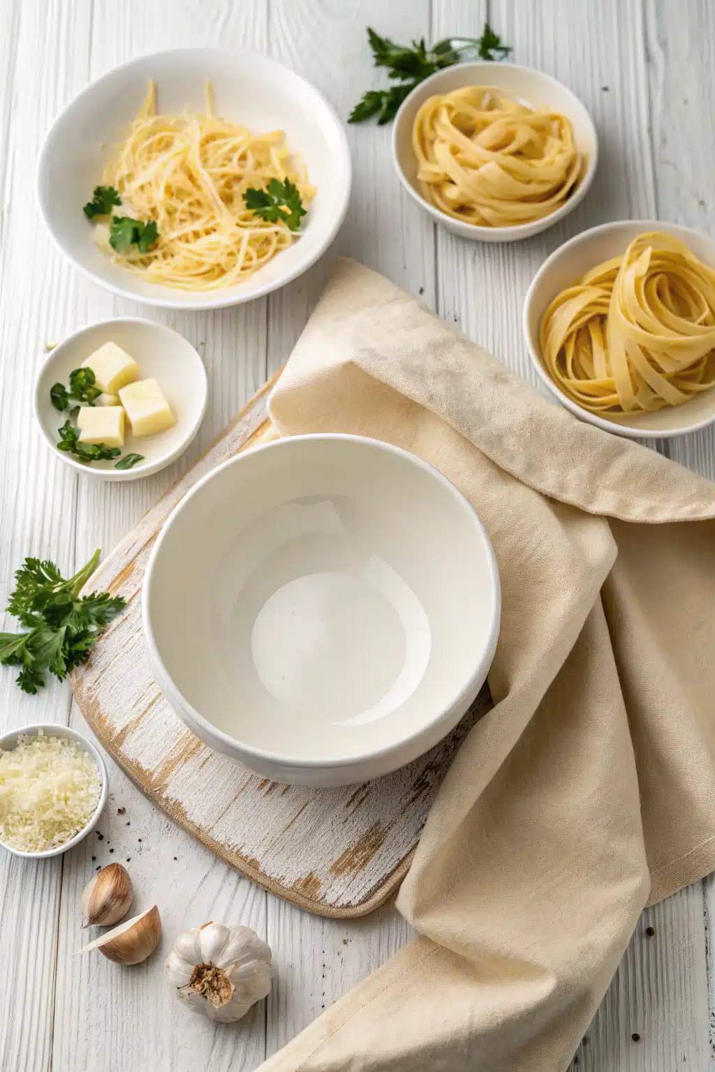 Garlic Parmesan Pasta beautifully presented from an overhead angle