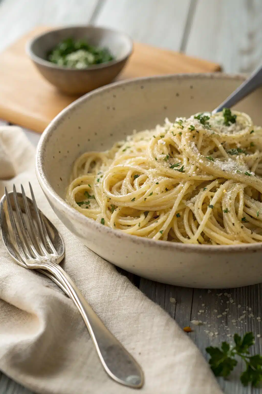 Garlic Parmesan Pasta ingredients organized and measured on kitchen counter