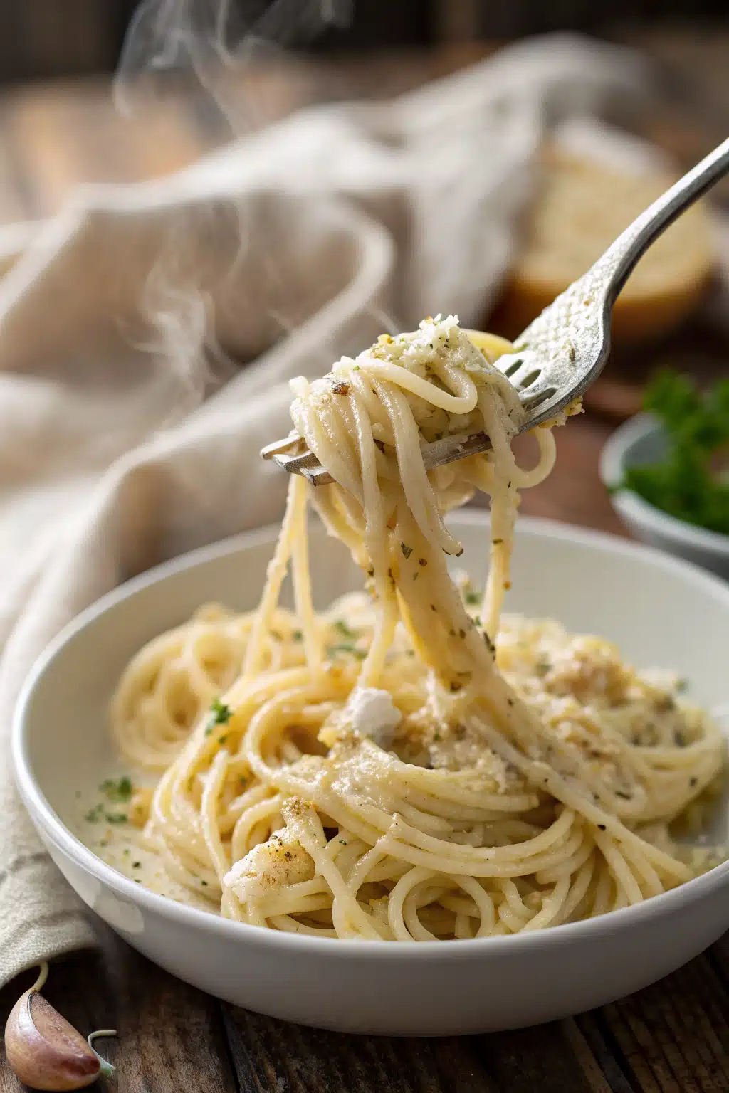 Garlic Parmesan Pasta slice on plate showing perfect texture and swirl pattern