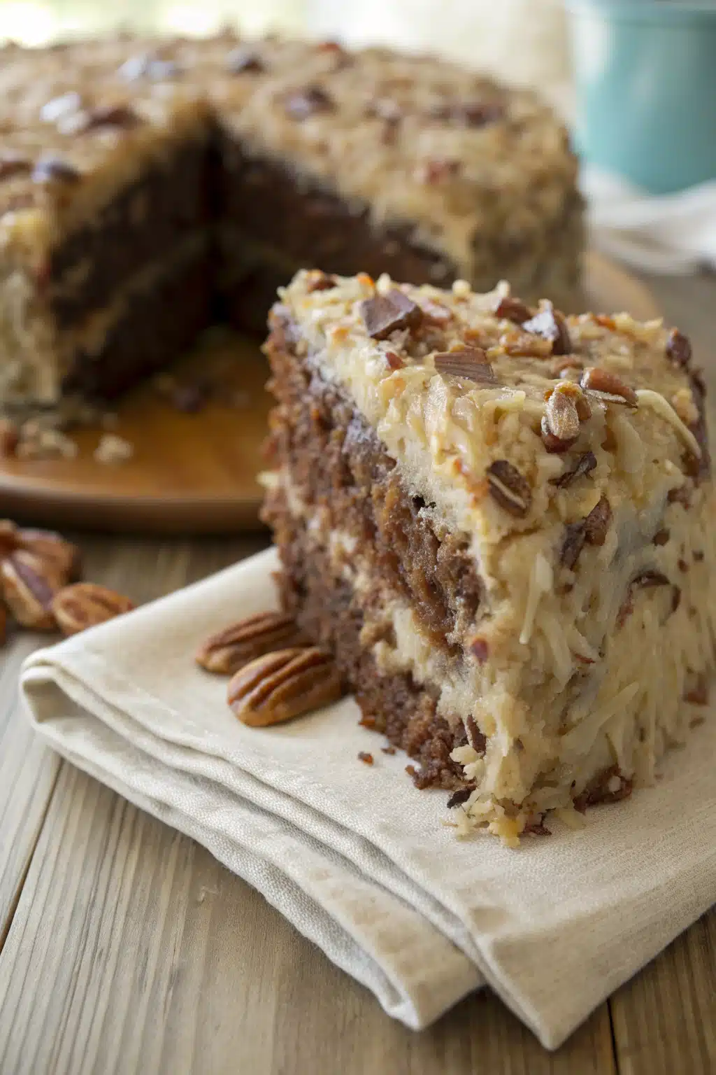 German Chocolate Cake slice on plate showing perfect texture and swirl pattern