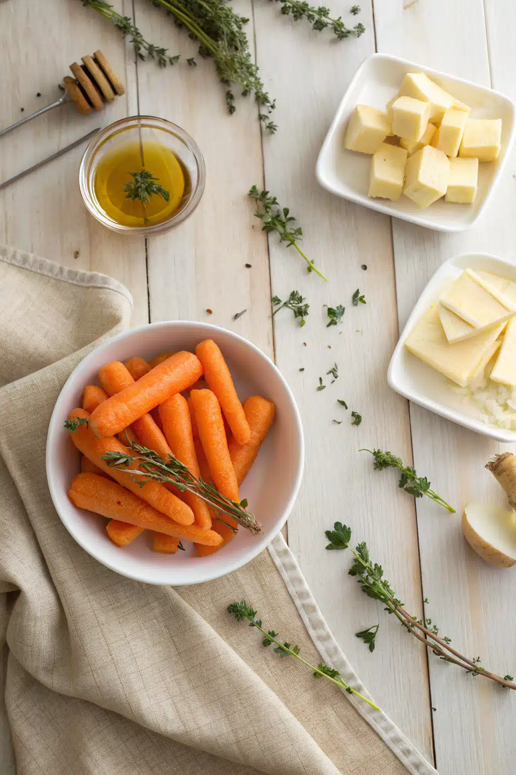 Glazed Carrots beautifully presented from an overhead angle