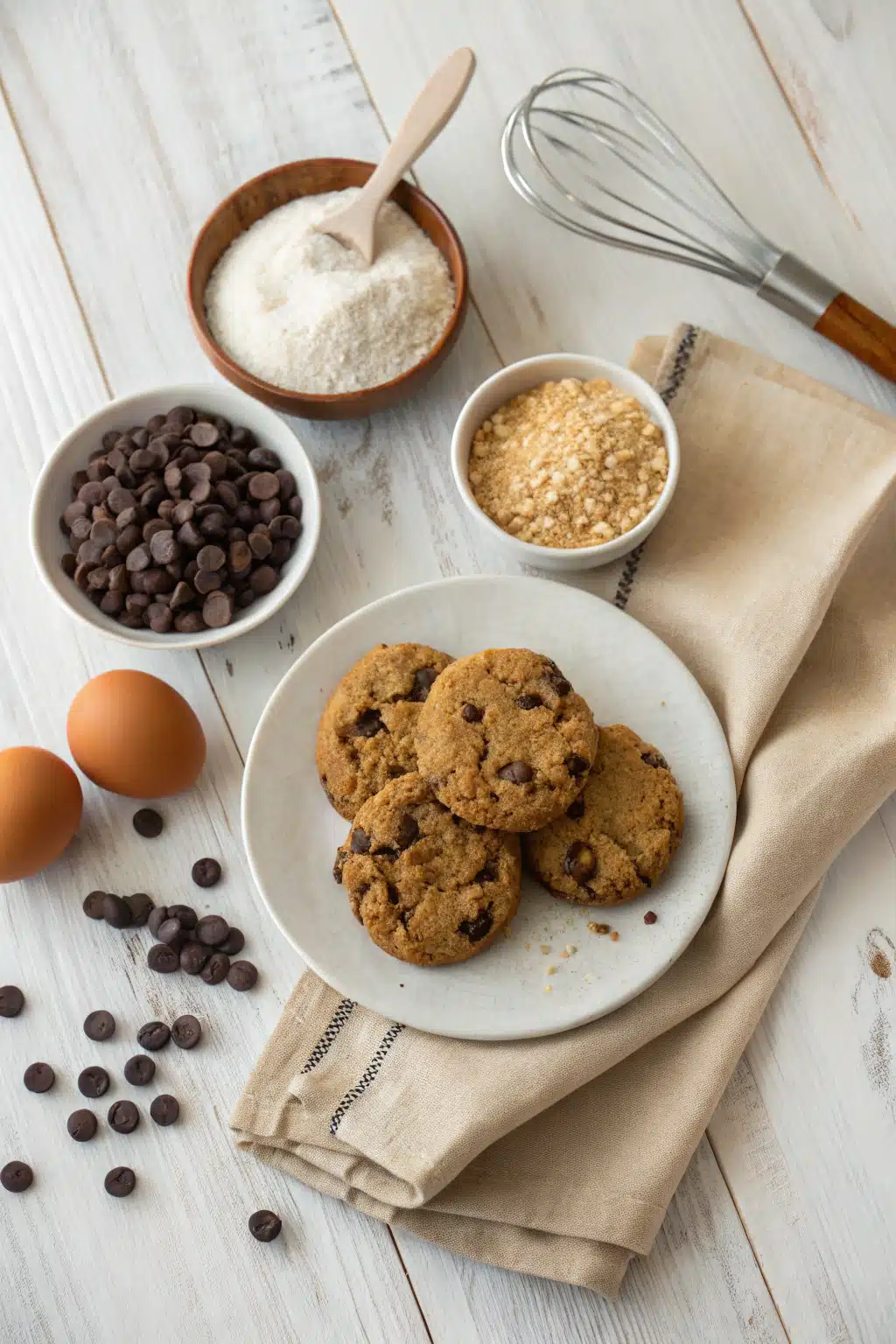 Gluten Free Chocolate Chip Cookies beautifully presented from an overhead angle
