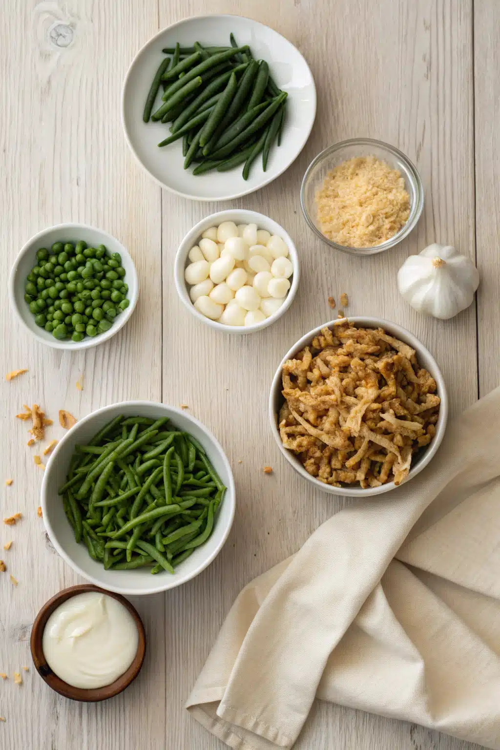 Green Bean Casserole beautifully presented from an overhead angle