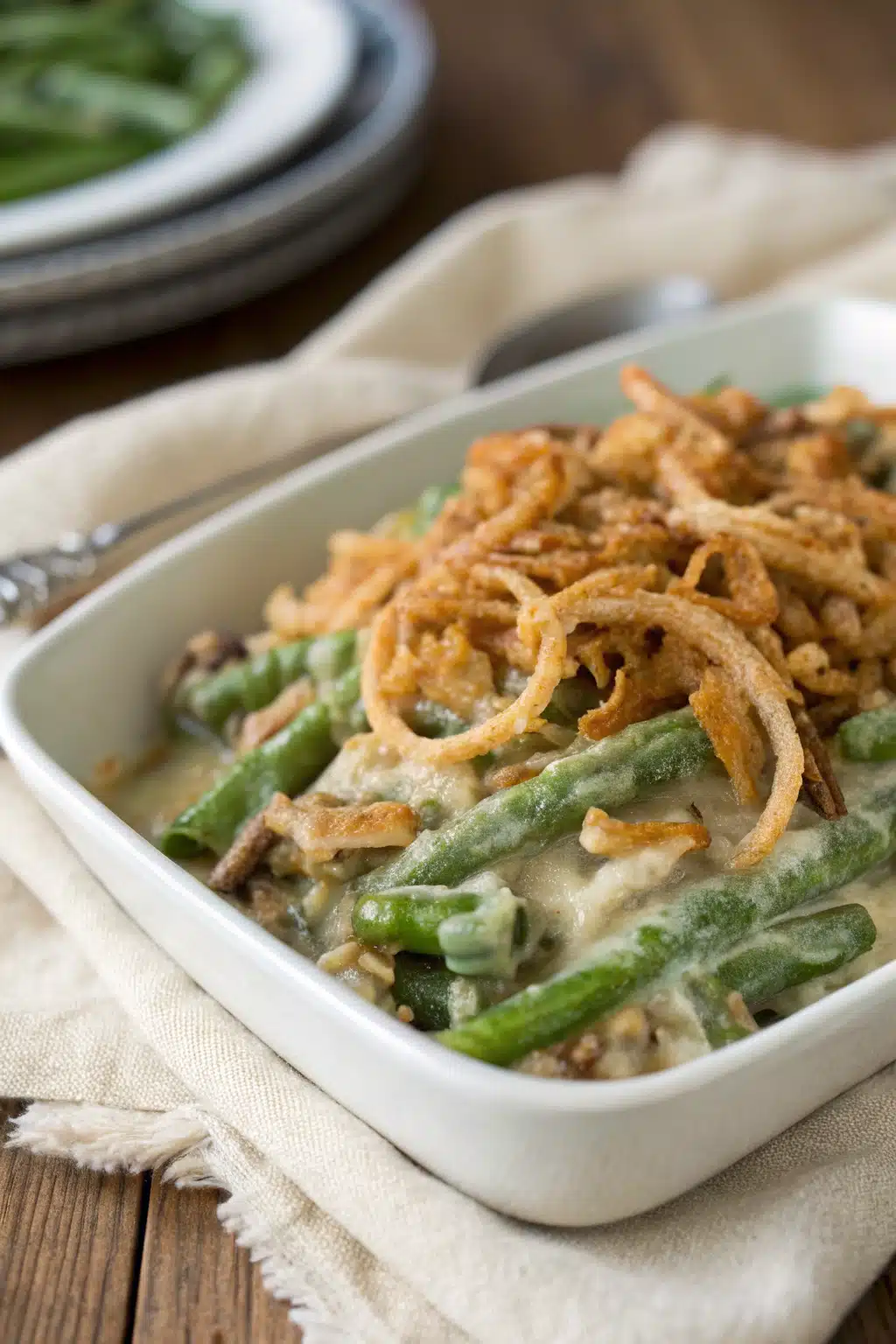 Green Bean Casserole slice on plate showing perfect texture and swirl pattern