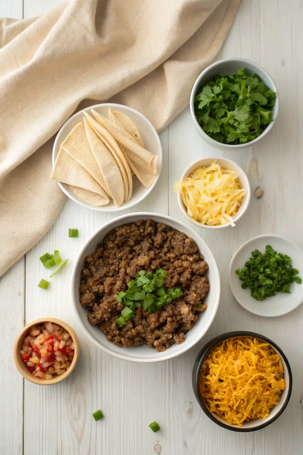 Ground Beef Enchiladas beautifully presented from an overhead angle
