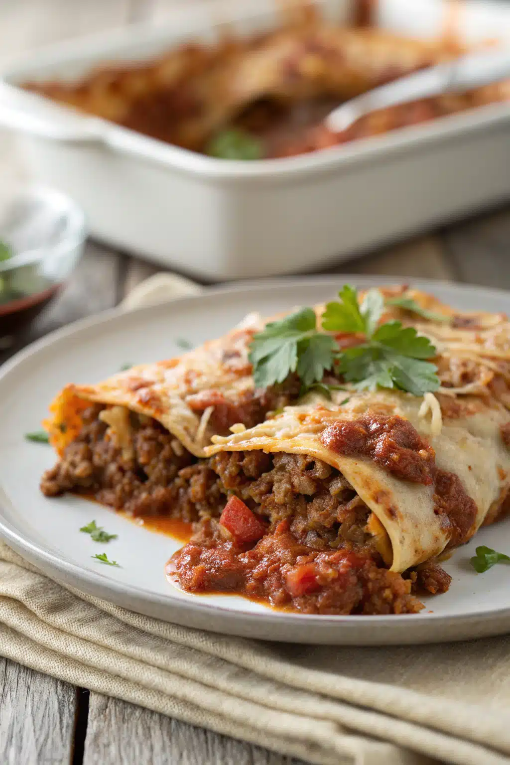 Ground Beef Enchiladas slice on plate showing perfect texture and swirl pattern