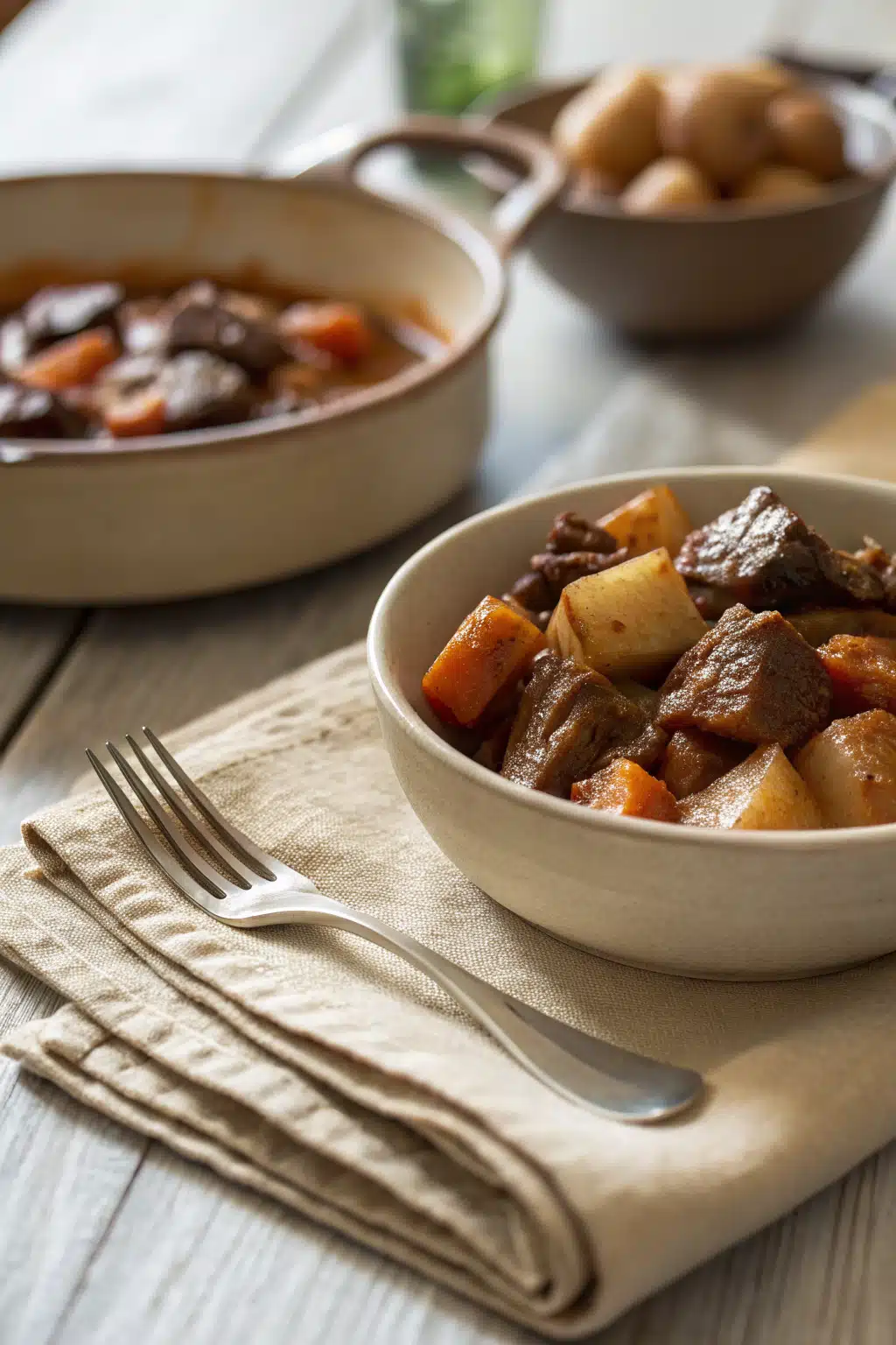 Beef Stew Recipe ingredients organized and measured on kitchen counter