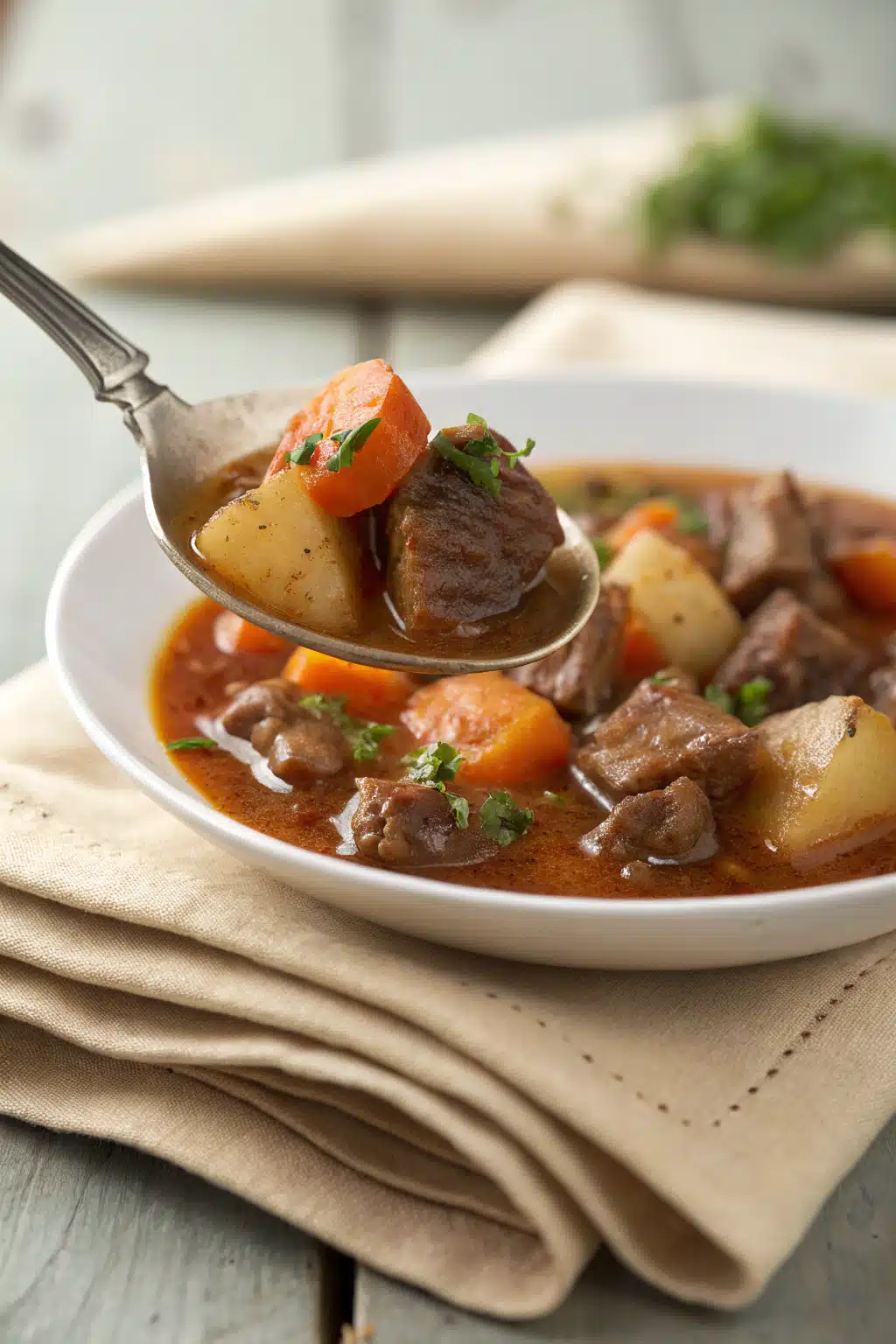 Beef Stew Recipe slice on plate showing perfect texture and swirl pattern