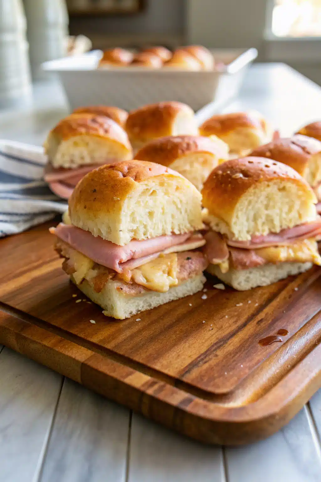 Ham and Cheese Sliders beautifully presented from an overhead angle