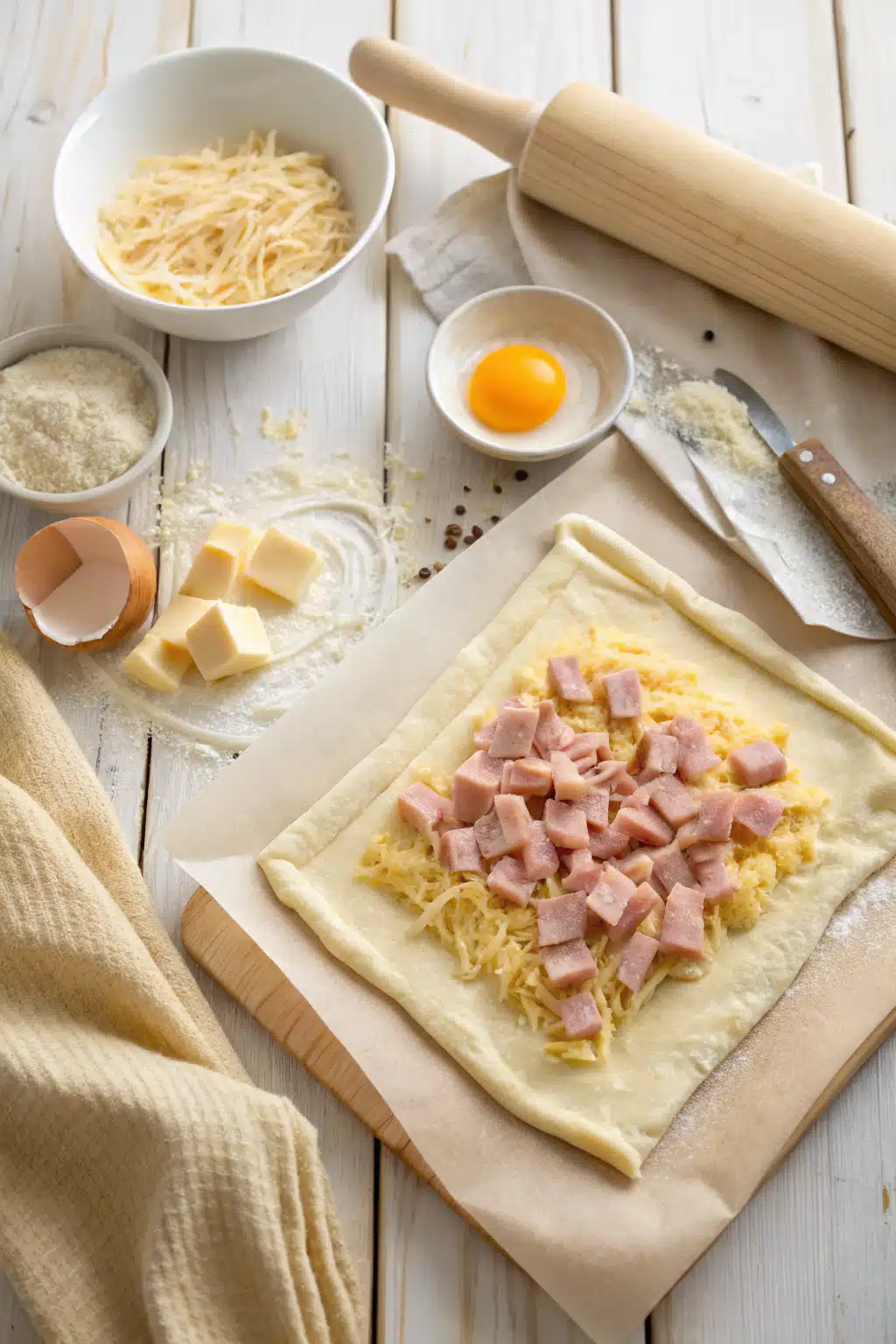 Ham and Cheese Puff Pastry beautifully presented from an overhead angle