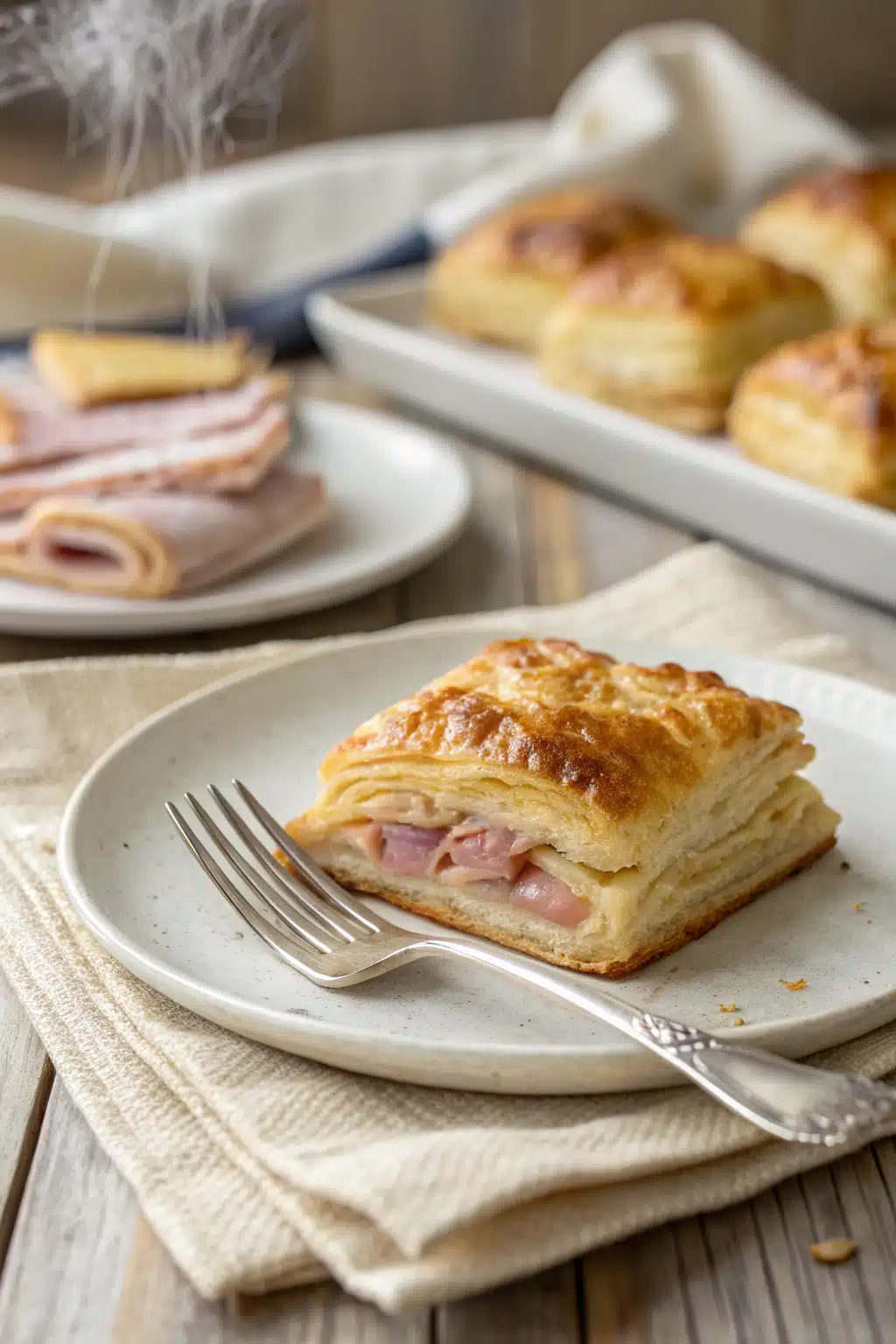 Ham and Cheese Puff Pastry ingredients organized and measured on kitchen counter