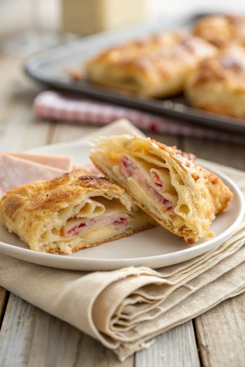 Ham and Cheese Puff Pastry slice on plate showing perfect texture and swirl pattern