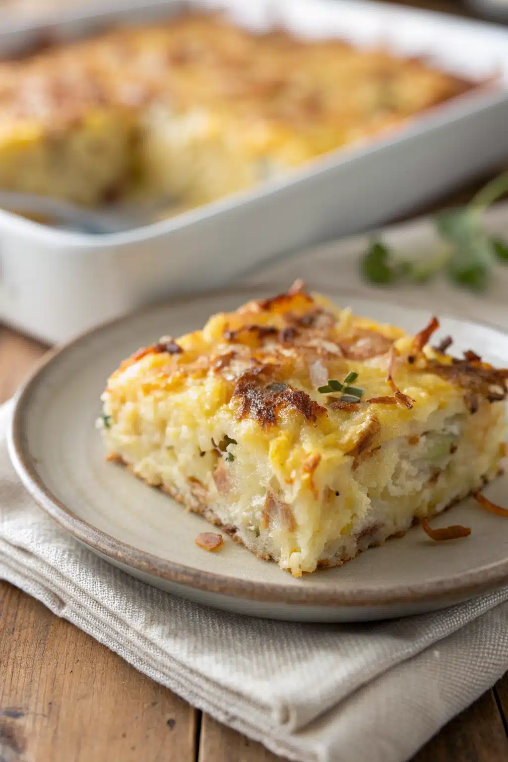 Hashbrown Breakfast Casserole slice on plate showing perfect texture and swirl pattern