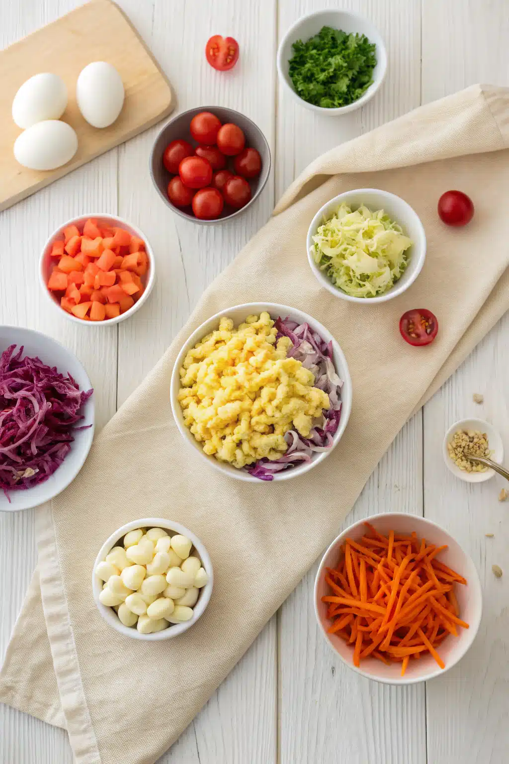 Hawaiian Macaroni Salad beautifully presented from an overhead angle