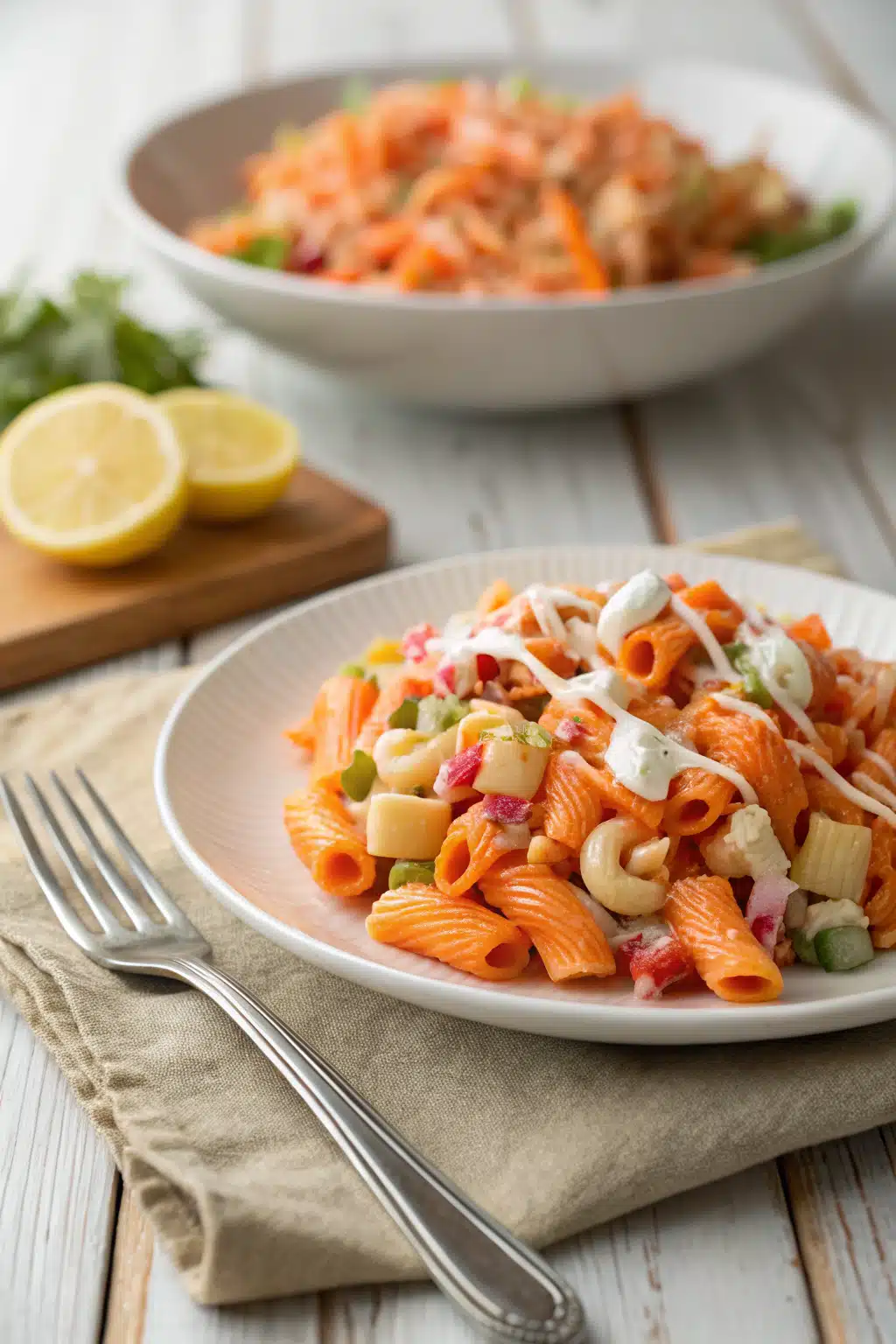 Hawaiian Macaroni Salad ingredients organized and measured on kitchen counter