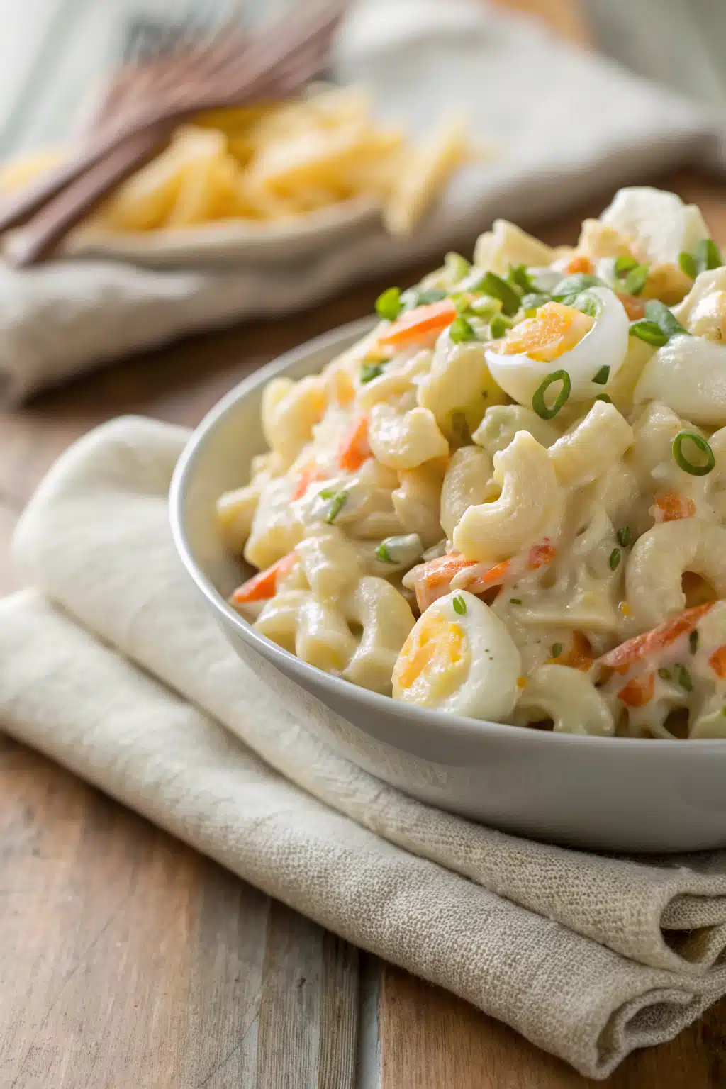 Hawaiian Macaroni Salad slice on plate showing perfect texture and swirl pattern