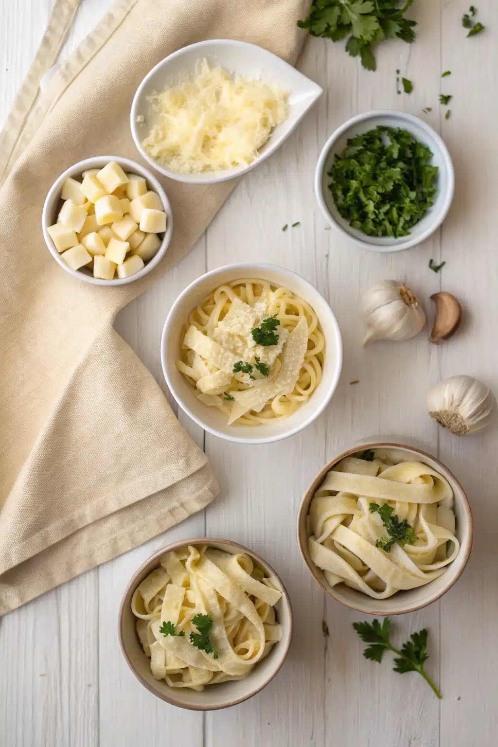 Homemade Alfredo Sauce beautifully presented from an overhead angle